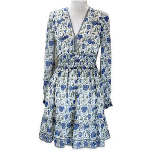 Max Studio Floral Print Mini Dress Size S Smoked Waist V-Neck Long Sleeve Boho